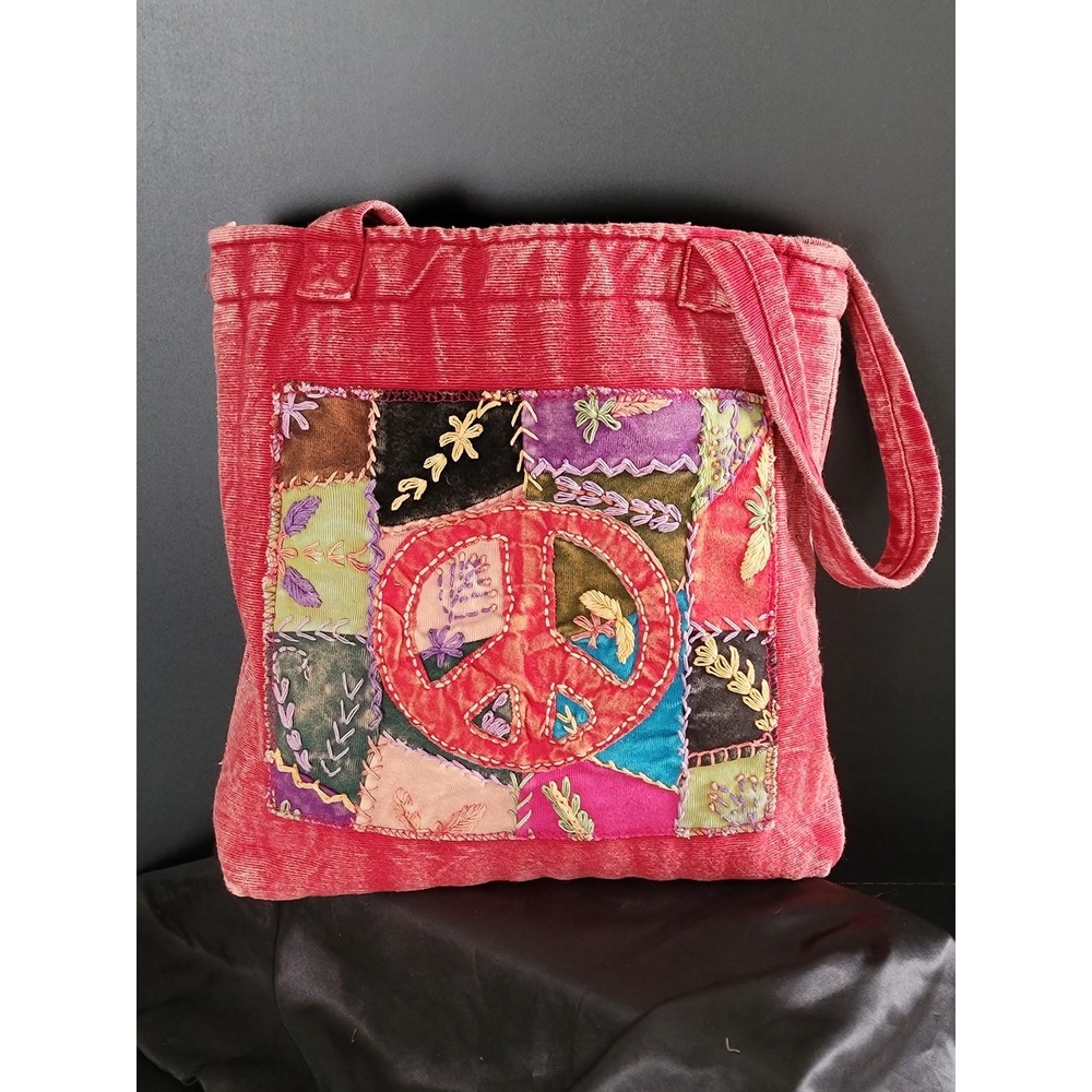 Boho‎ Patchwork Peace Sign Corduroy Tote Bag Red Cotton Nepal